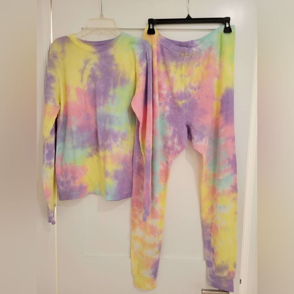 Just Love multicolor tie dye waffle knit long sleeve + pants pajama set (fair)